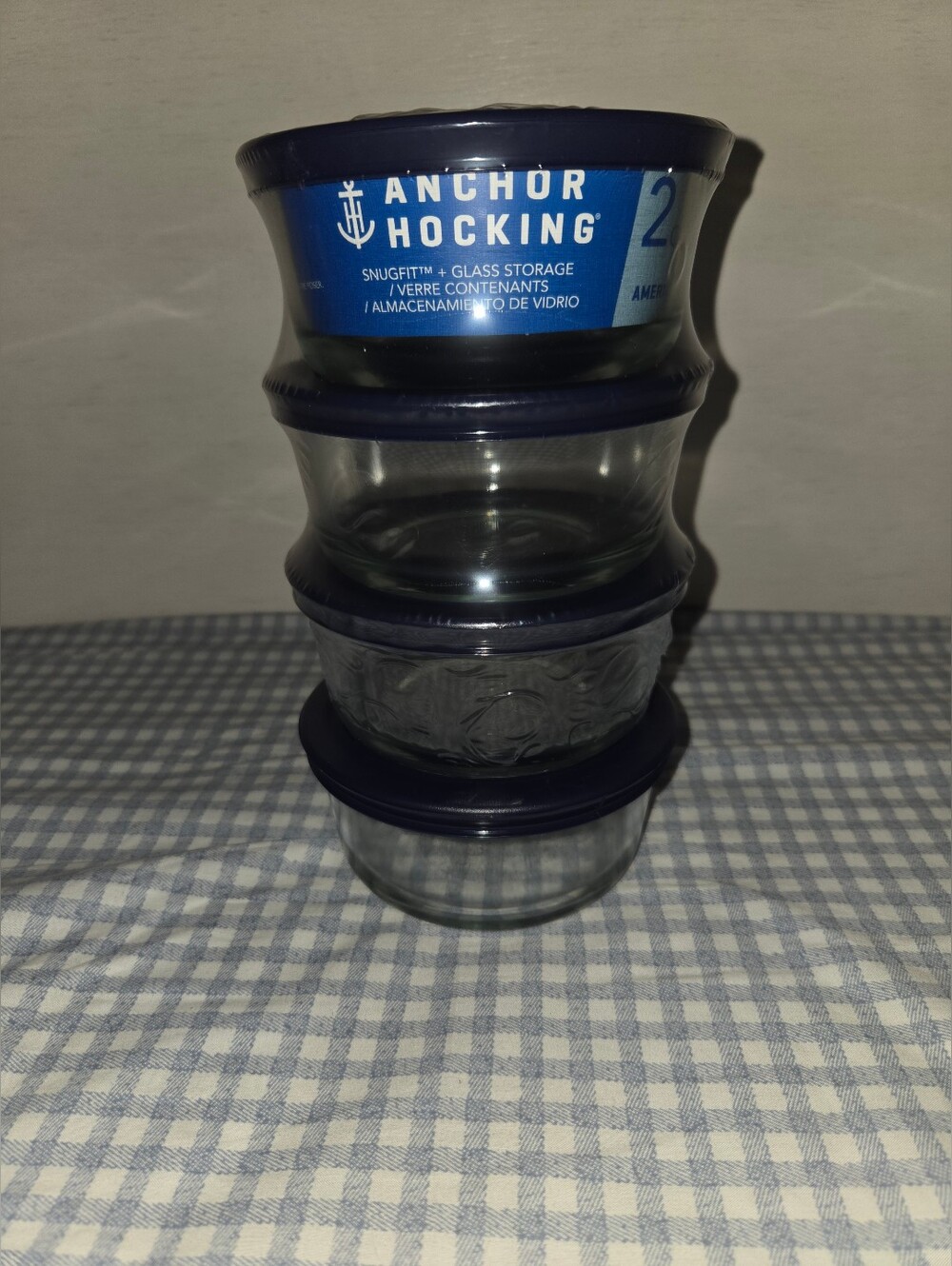 Anchor Hocking  Glass Round Storage Bowls with navy Blue Snugfit Lids  4 piece